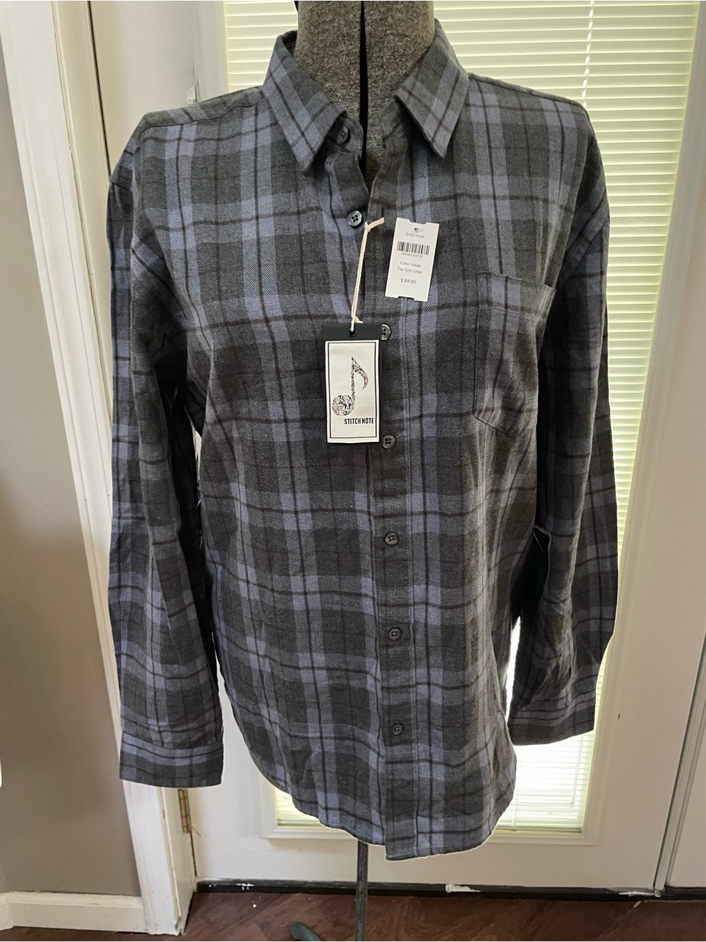 Stitch Note Gray and Blue Plaid Men’s Button-Down Shirt